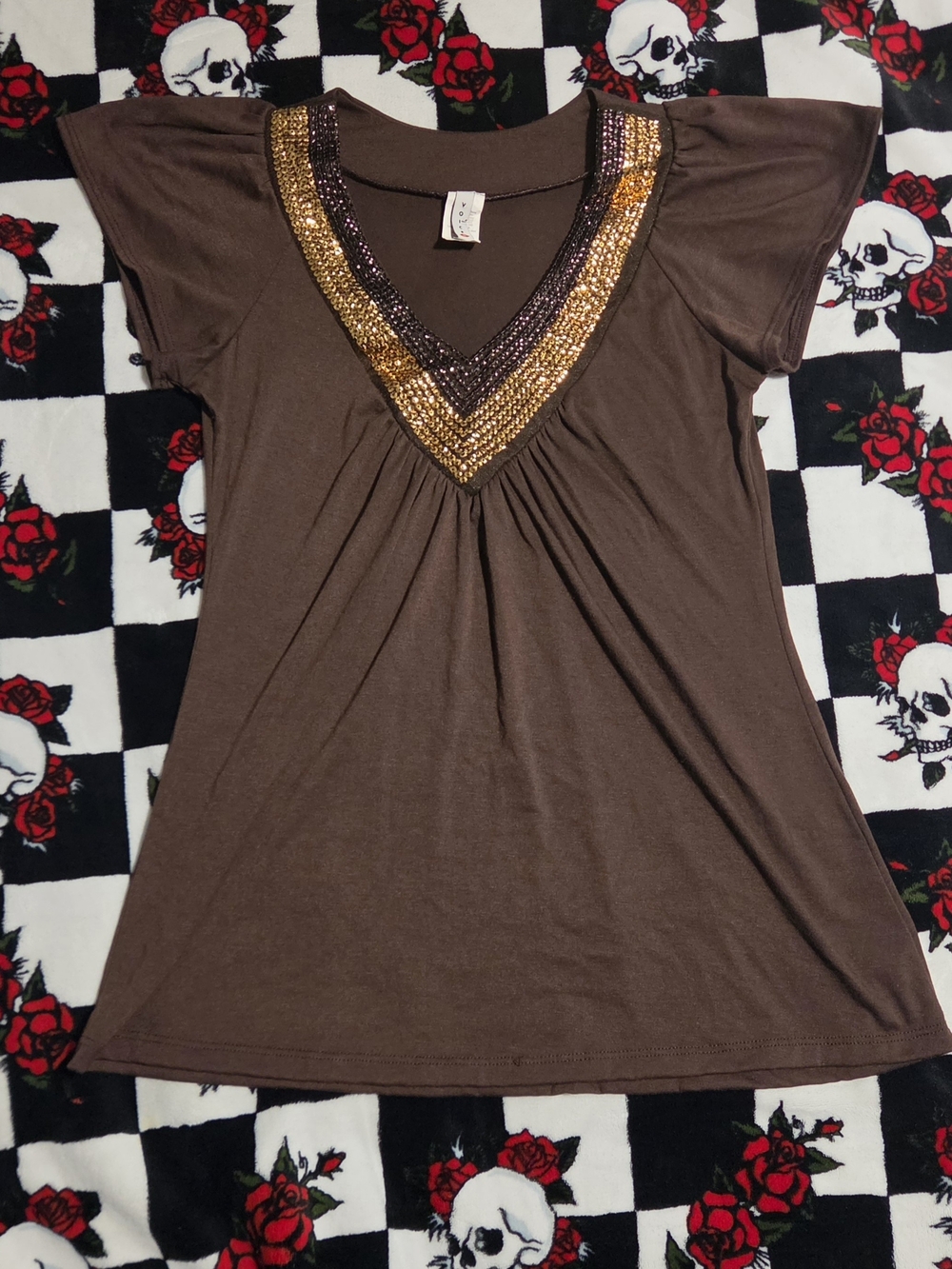 Y2K Brown Gold Sequined V-Neck Flutter Sleeve Top